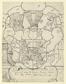Großes Wappen, geviertet mit vier Löwen und Mittelschild