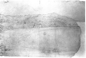 Isola di Cirella. Bucht mit ansteigenden Bergen, rechts Boot mit ruhenden Fischern