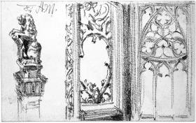Pfeiler mit Löwe als Wappenhalter, Architekturdekor und gotisches Maßwerk in der Stiftskirche zu Berchtesgaden
