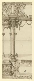 Hälfte eines Glasbildes, Architekturrahmen mit Säule und Gebälk