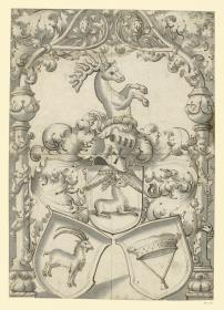 Wappen mit drei Schilden (Hirsch, Steinbock und Hermelinmütze) und der Halbfigur eines Hirsches als Helmzier