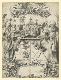 Neben einem Bischofswappen steht die Madonna als Regina coeli und ein männlicher Heiliger im Mönchsgewand