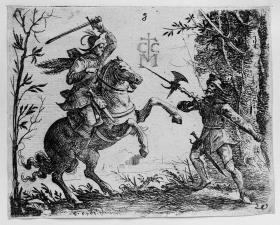 Kampf zwischen Reiter und Hellebardier. Aus: Schrecken des Dreißigjährigen Krieges