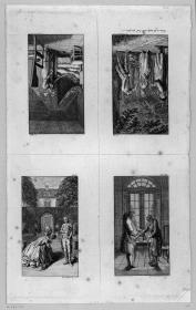 Vier Blätter zu Th.G. von Hippel "Lebensläufe in aufsteigender Linie", 1. Teil. (248) Sein Vater überrascht ihn mit Minchen im Walde, (249) Minchen und Alexander schwören sich ewige Treue, (250) Frau von W. in ihrem Garten küsst ihre Tochter, (251) Herr von G. gibt dem rechts stehenden Alten die rechte Hand