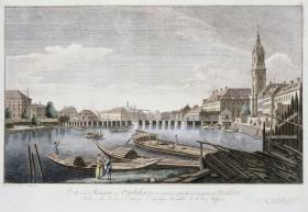 Die Waisenhausbrücke mit dem Waisenhaus vor dem Stralauer Tor