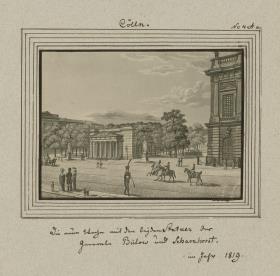 Cölln. Die neue Wache mit den beiden Statuen der Generale Bülow und Scharnhorst. im Jahr 1819.