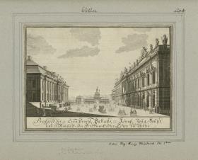Cölln. Prospect des (1) Cron-Prinzl. Pallasts, (2) königl. Zeughauses und (3) Neustädt- oder Dorotheen-Städter Tohrs zu Berlin. unter Reg: König Friedrich des Iten