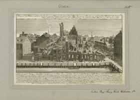 Cölln. Prospect des Ruins, welchen der durch einen Blitzstral entzündete Petri thurm zu Berlin so wol an der Kirche, als denen dabey stehenden Gebaeuden am 2ten Pfingst tag des 1730sten Jahrs Abends um 9 Uhr verursachet [...]. unter Reg: König Fried Wilhelm 1ten