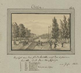 Cölln. Ansicht von der Hundebrükke nach der eisernen Brükke und dem Mehlhause im Jahr 1810.