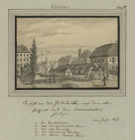Cölln. Ansicht von der Hundebrükke nach dem alten Packhof und dem Commandanten Haus. im Jahr 1810.