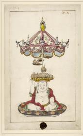 Ein auf flacher Schale sitzender Buddha mit Pagode