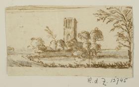 Landschaft mit viereckigem Turm, rechts Baumkulisse