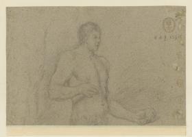 Männlicher Akt mit Apfel in der Linken (Adam?), Dreiviertelfigur
