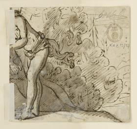 Sich vorbeugende, nackte männliche Figur in Landschaft