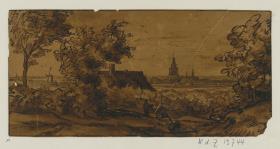 Landschaft mit Durchblick zwischen Büumen auf eine Ortschaft rechts im Mittelgrund