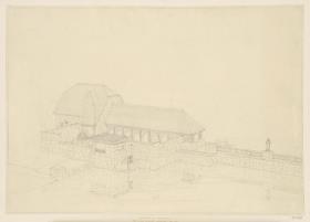 Köln, Frauenrosenhof der Deutschen Kunstausstellung, Skizzenblatt mit Vogelperspektive von Westen