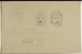 Pompei, Schild eines Weinhändlers, zwei Theatermasken , Architekturdetails