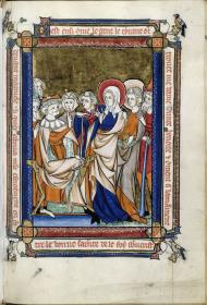 Vie de Sainte Benoîte d'Origny. Die Hl. Benedikta steht disputierend vor dem Tyrannen Matroclus