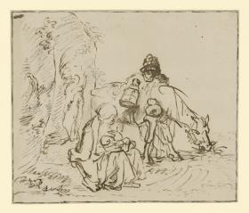 Flucht nach Ägypten, Maria am Fuße eines Baumes sitzend, rechts dahinter steht Joseph mit dem Esel