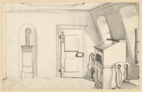 Dachzimmer mit Ofen, Tür, Schreibschrank und Stühlen im Goethehaus in Frankfurt am Main