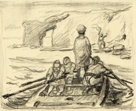 Sindbad der Seefahrer (Sindbad winkt vom Ufer her der herauffahrenden Schaluppe)