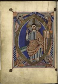 Evangeliar aus dem Abdinghofkloster Sankt Peter und Paul in Paderborn. Majestas Domini. Christus thronend in der Mandorla