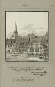 Cölln. Der Nicolai Thurm und die Hinter Häuser der Poststraße vom Balcon des Kaufmann Schüler in der Brüderstraße anzusehen. Unter der Regierung König Friedrich Wilhelm d III 1804.