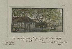 Die Oehmikesche Cattun Bleiche auf de Weidendamm, da jetzt der Packhoff erbautet wird. Unter Reg: Fried. Wilhelm III 1802.