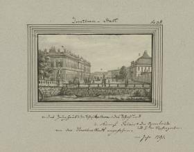 Dorotheen-Stadt. a. Das Zeughaus b. die Schloss Apotheke c. das Schloss und d. königl Palais e. die Opernbrücke und f. der Kupfergraben von der Dorothen Stadt angesehen. im Jahr 1791.