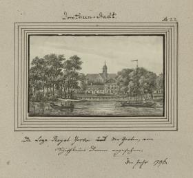 Dorotheen-Stadt. Die Loge Royal York und der Garten, vom Schiffbauer Damm angesehen. Im Jahr 1796.