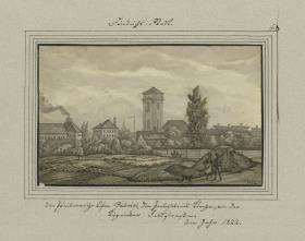 Friedrichs-Stadt. Die Pfeilnersche Ofen Fabrik, die Jerusalemer Kirche, von der (?)icker Feldstraße. im Jahr 1822
