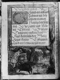 Gebetbuch des Matthäus Schwarz. Reiter ein Wildschwein stechend, im Hintergrund Jagdgesellschaft um das Lagerfeuer