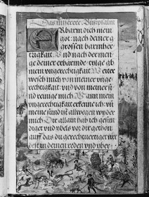 Gebetbuch des Matthäus Schwarz. Textseite, eine Hirschjagd als Umrandung