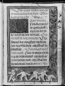 Gebetbuch des Matthäus Schwarz. Textseite Vater Unser, in der Umrandung fünf Putti, numeriert 1-5