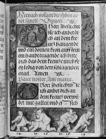 Gebetbuch des Matthäus Schwarz. Textseite, in der Umrandung sechs Putti, numeriert 14-19, und Blumenranke
