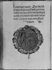 Gebetbuch des Matthäus Schwarz. Mythologische Szene im Rund einer Medaille umgeben von floralem Schmuckband