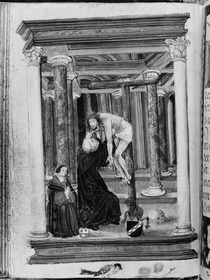 Gebetbuch des Matthäus Schwarz. Kreuzabnahme durch einen Priester (Bernhard), links der kniende Stifter