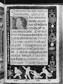 Gebetbuch des Matthäus Schwarz. Textseite, in der Umrandung vier Putti, numeriert 20-23, sowie Schmuckgegenstände