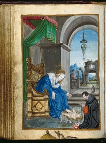 Gebetbuch des Matthäus Schwarz. Anbetung des Kindes und Maria durch einen Geistlichen