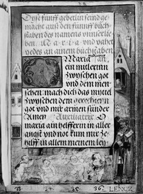 Gebetbuch des Matthäus Schwarz. Textseite, in der Umrandung vier Putti, numeriert 33-36, sowie Häuser einer Stadt und Figur (Lencz)