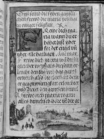 Gebetbuch des Matthäus Schwarz. Textseite, in der Umrandung Landschaft mit Reitern und gotischenm Maßwerkschmuck