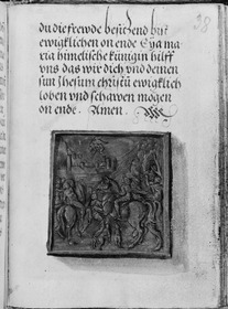 Gebetbuch des Matthäus Schwarz. Text und mythologische Szene auf einer quadratischen Platte