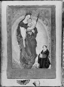 Gebetbuch des Matthäus Schwarz. Mondsichelmadonna, rechts der Stifter kniend, in der Umrandung Figuren und Rankenwerk, sowie zwei Schmetterlinge