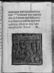 Gebetbuch des Matthäus Schwarz. Text und mythologische Szene auf einer quadratischen Platte