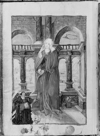 Gebetbuch des Matthäus Schwarz. Maria vor Architektur, links der Stifter kniend