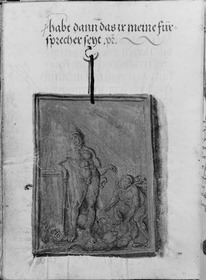 Gebetbuch des Matthäus Schwarz. Text und mythologische Szene auf einer rechteckigen Platte