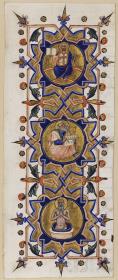 Initiale I, darin in drei Medaillons Christus als Weltenrichter, Johannes auf Patmos und das Martyrium des Evangelisten Johannes