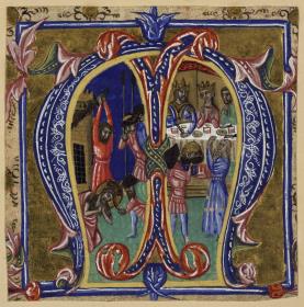 Initiale M, darin die Enthauptung Johannes des Täufers und Salome vor der Tafel des Herodes