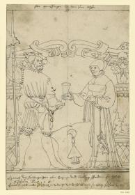 Krieger und Bürgersfrau, die ihm einen Becher reicht, zwischen ihnen ein Wappenschild mit Spaten und Sichel