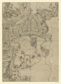 Entwurf für eine Glasmalerei, kirchliches Wappen mit Schaf bzw. Widder, Löwe, Lilien und Kreuz
